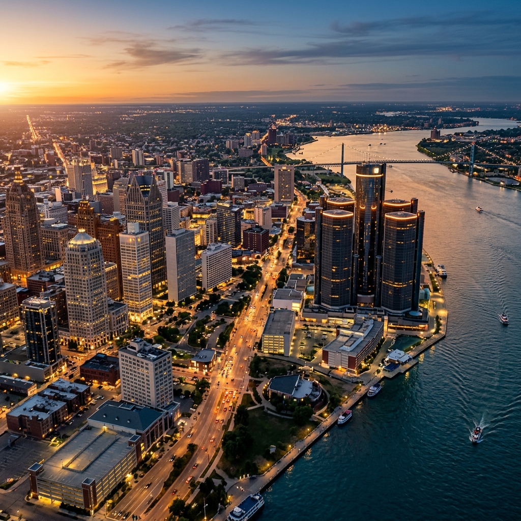Detroit skyline at dusk showing the Renaissance Center and Detroit River