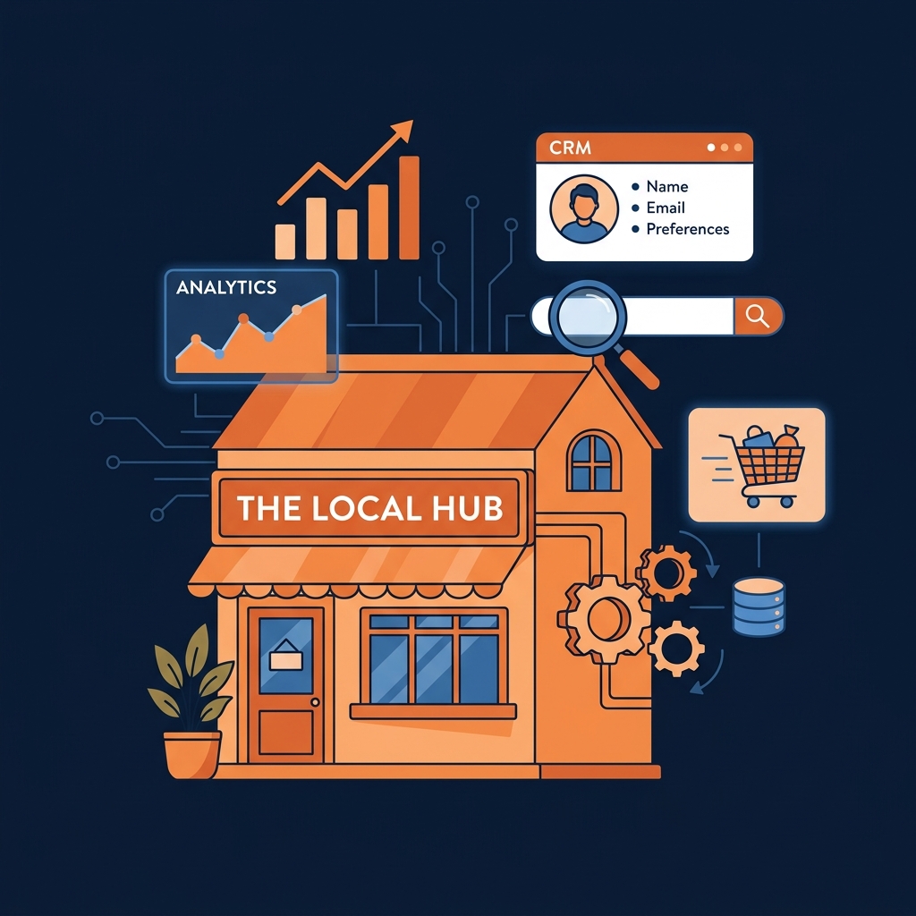 Small business digital infrastructure illustration showing CRM, analytics, e-commerce, and search tools